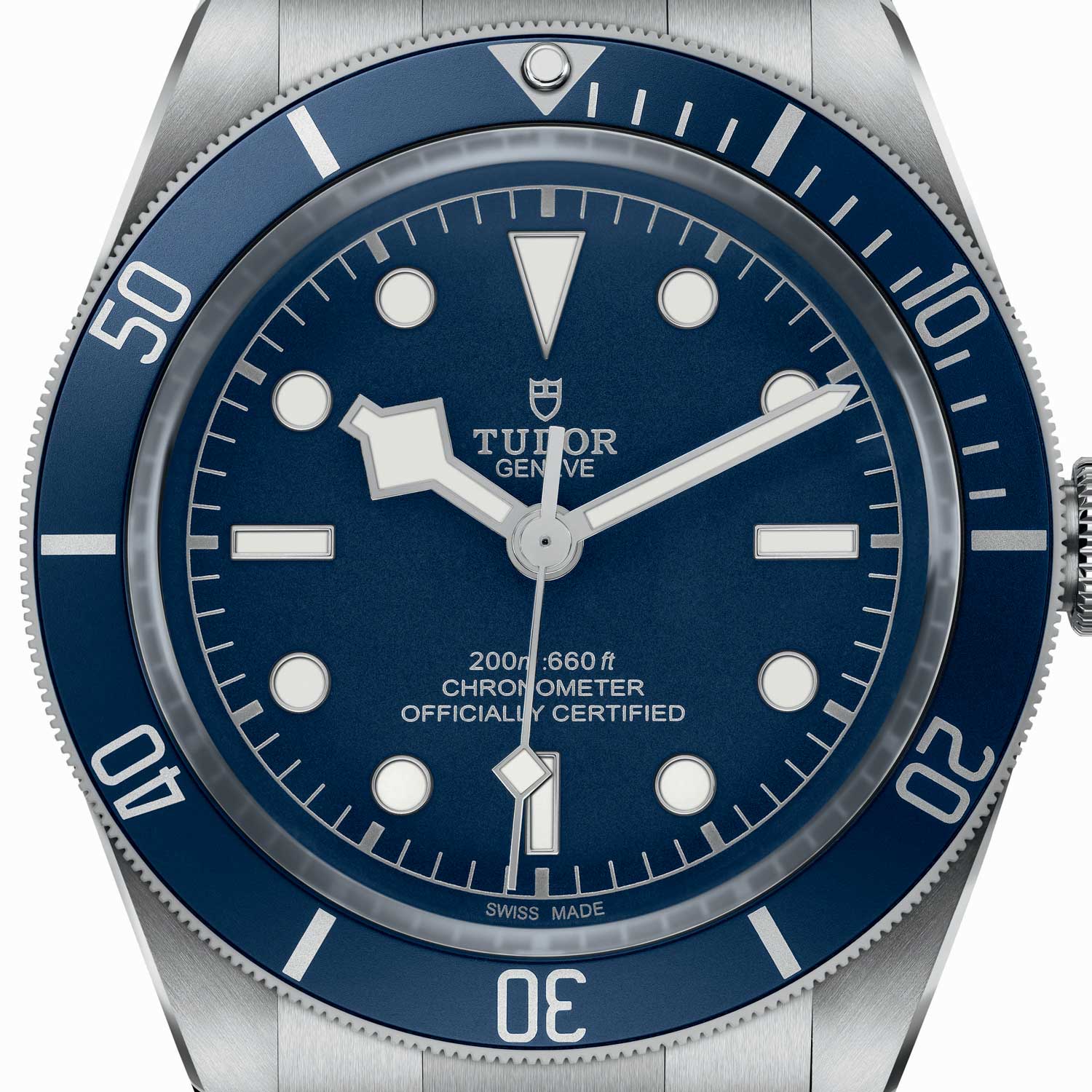 A close up on dial of the BB58 Navy Blue showing the “meters first” 200m depth rating