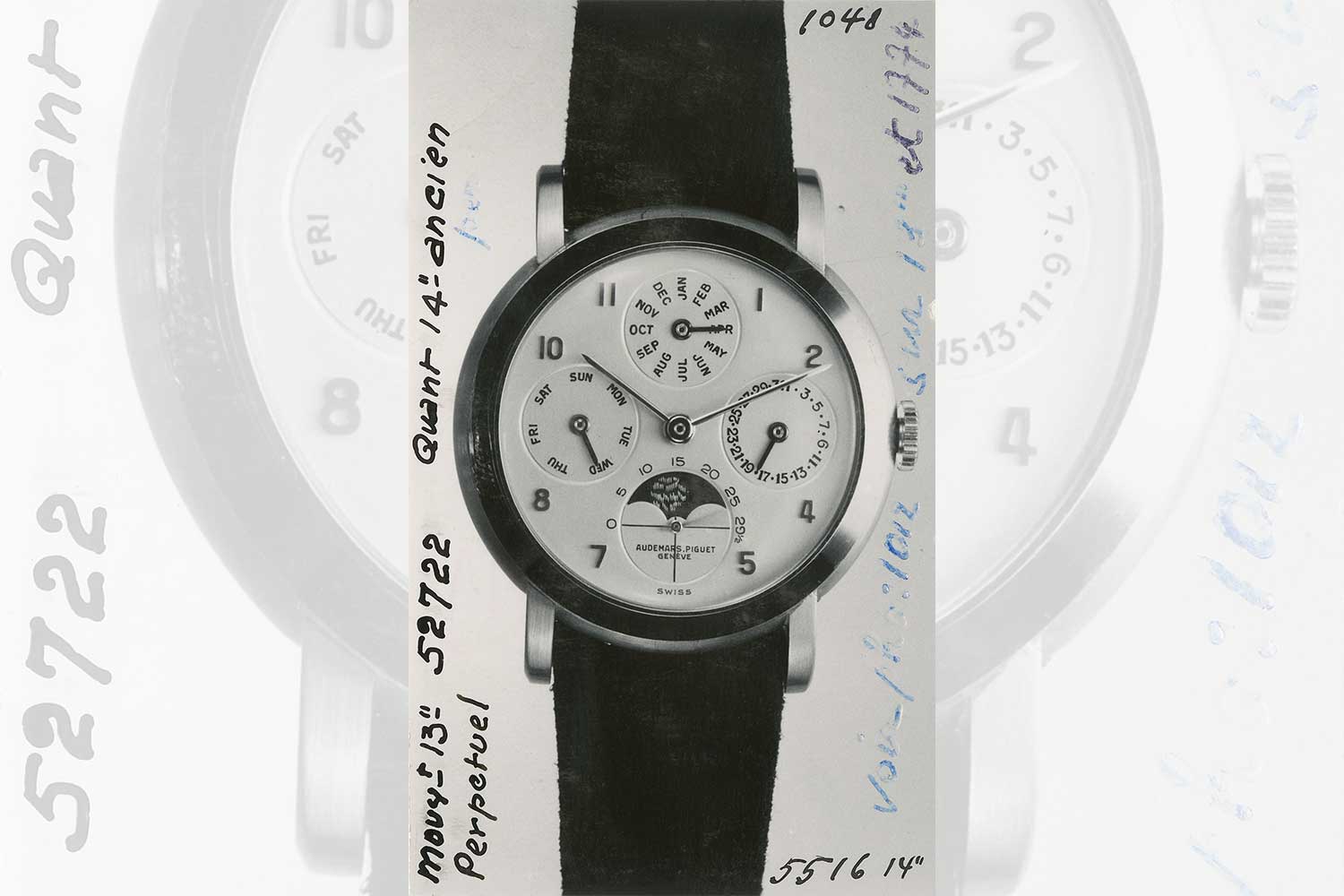 In the Audemars Piguet Registers of Completed Watches (paired with photograph no. 1048 from the manufacture's archives), a watchmaker states that he had transformed a historical 14-ligne perpetual calendar underdial work "qui traînait depuis 60 à 70 ans" (that had been hanging around for 60 to 70 years) in company stocks and that he adapted it to Calibre 13VZSS made in 1947. The watch 52722 was then sold in Bangkok in 1951, where it has potentially stayed in the same family during at least half a century, and where Audemars Piguet believes it still remains to this day