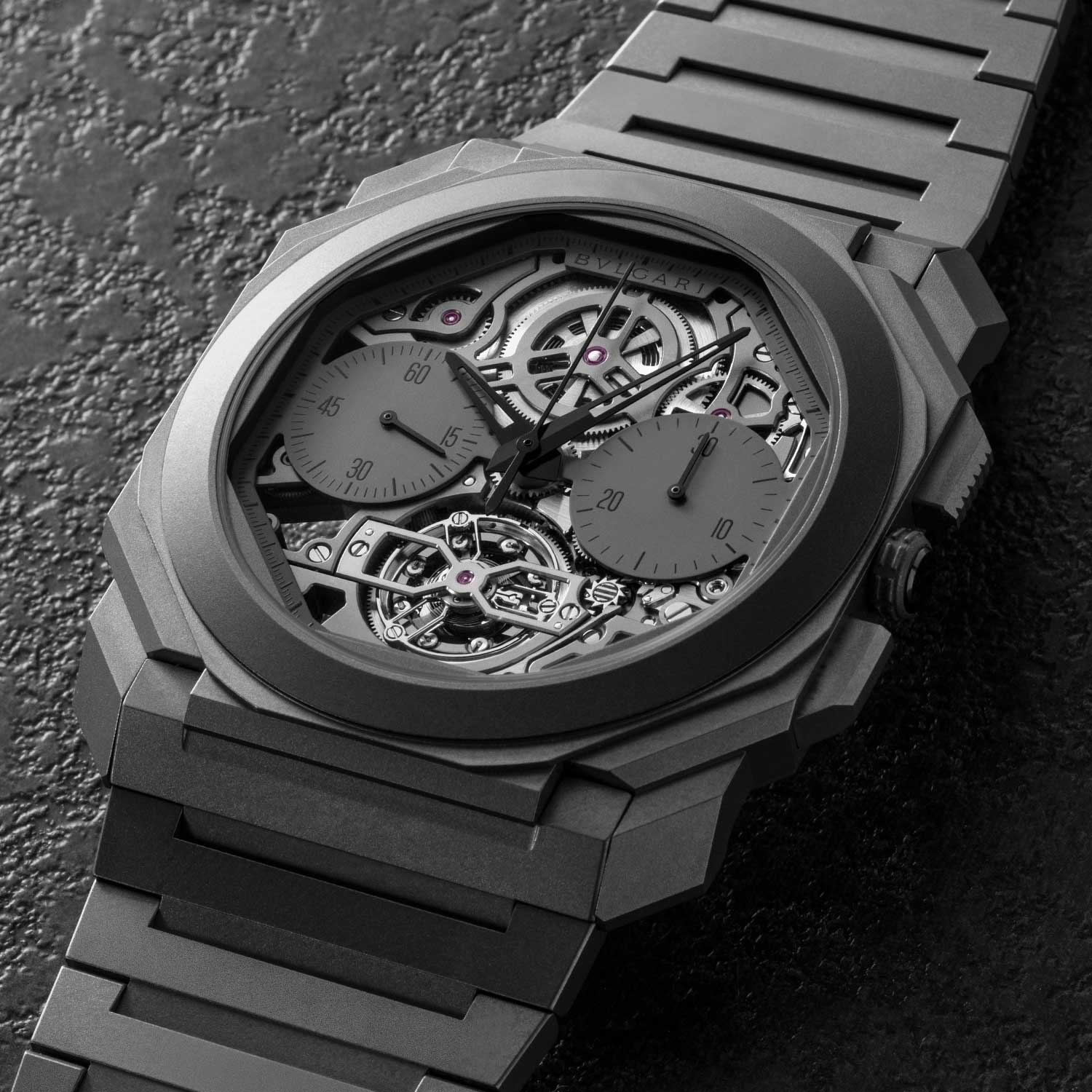 2020: Octo Finissimo Tourbillon Chronograph Skeleton Automatic At just 3.50mm thick, the new Octo Finissimo Tourbillon Chronograph Automatic movement claims a new watch industry record for the sixth time. The watch features Bvlgari’s record breaking chronograph, now in a two-counter display, as well as a tourbillon at six o’clock. The dial is skeletonised to fully show the complexity of the BVL 388 caliber from the front.