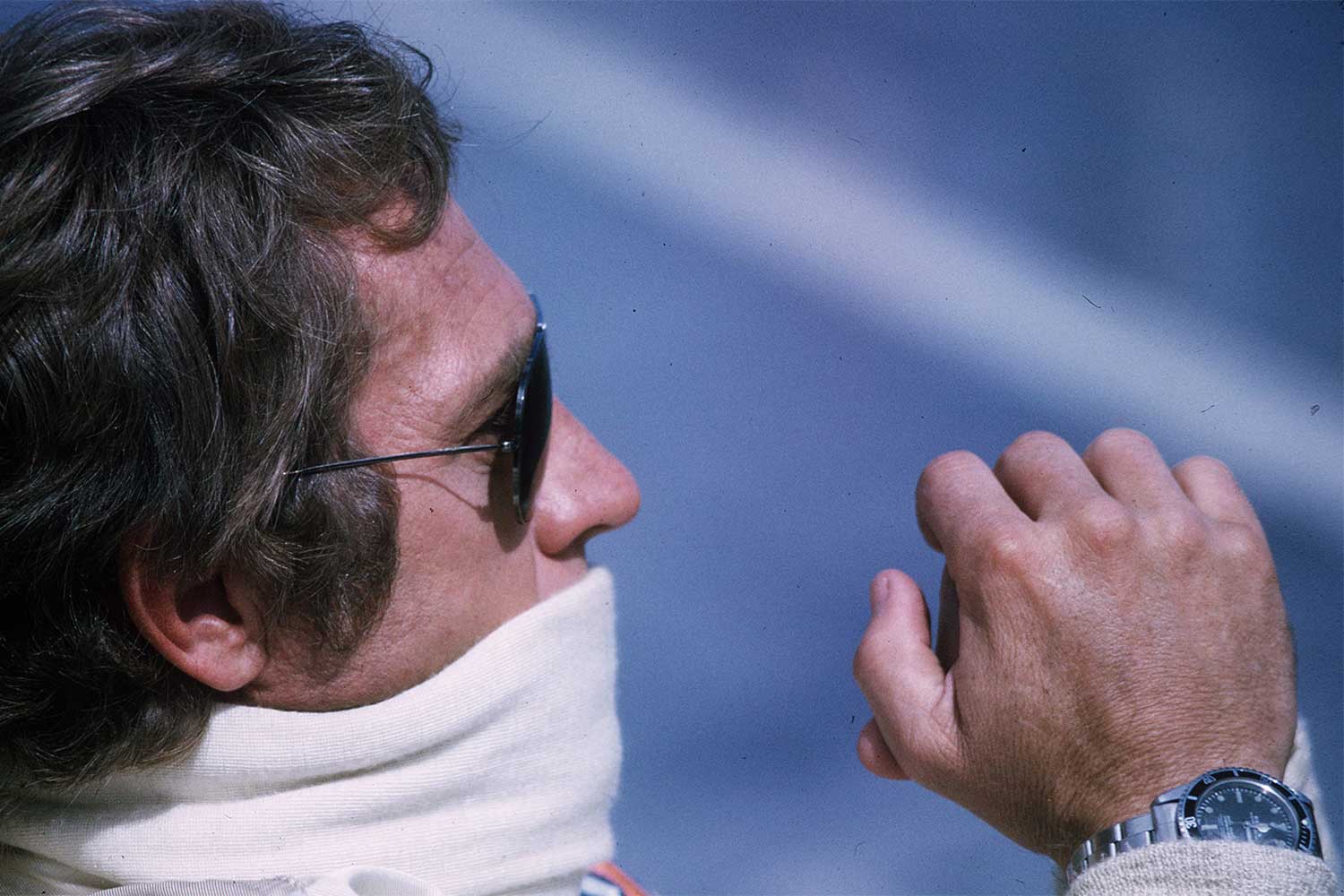 January 01: Actor Steve McQueen as racing driver Michael Delaney is seen wearing a Rolex Submariner 5512 watch whilst on set for the film 'Le Mans' circa June 1970 in Le Mans, France. (Photo by Anwar Hussein/Getty Images)