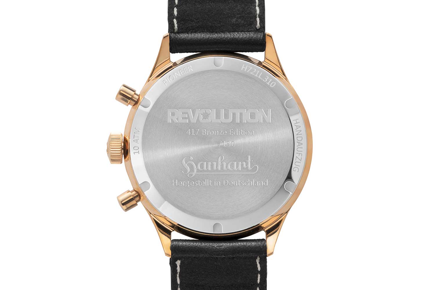 Caseback of the Hanhart x The Rake & Revolution Limited Edition Bronze 417 Chronograph (©Revolution)