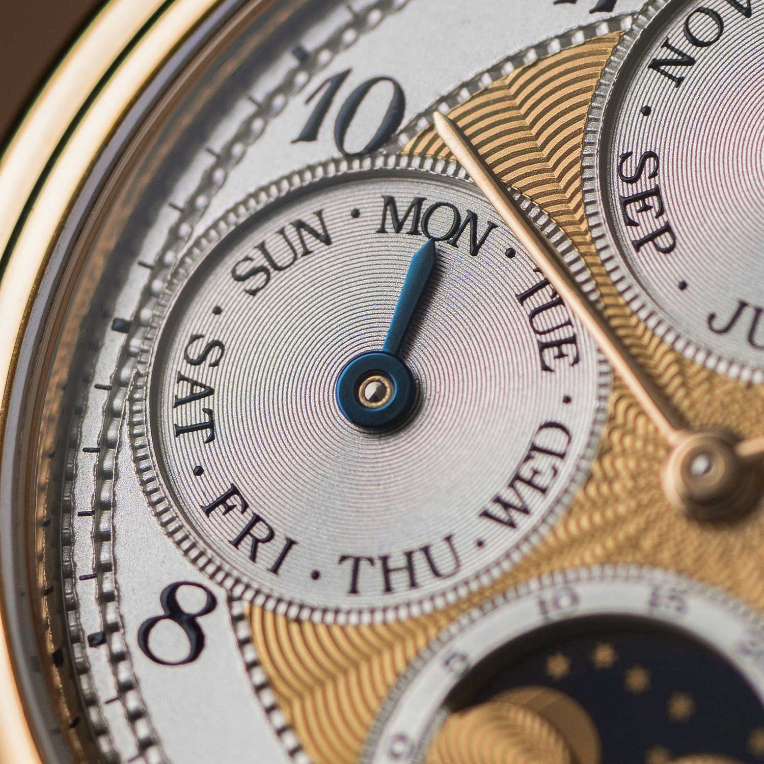 A close up of the day subdial, showing the sunken level on the dial. Curious detail to note, the convention of perpetual calendar watches is to list SUN at the 12 o'clock position of the day-subdial. In these special executions however, the day at the 12 o'clock position is very interestingly, MON. The watch seen here is presently part of the Pygmalion Gallery's private collection (Image: Photo and watch, property of Pygmalion Gallery)