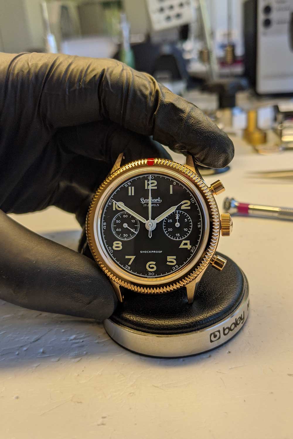 Hand assembled at Hanhart's workshops, The Rake & Revolution Limited Edition Bronze 417 Chronograph seen here cased in its quick-patinating bronze CuSn8 case (Image: Hanhart.com)