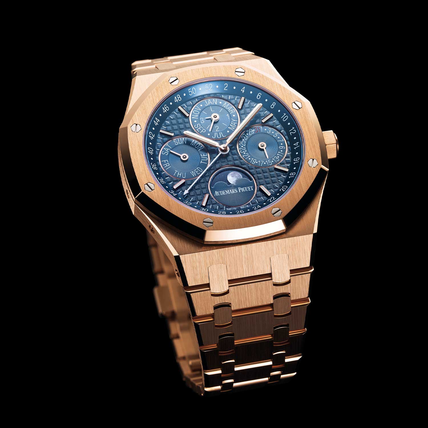 The Royal Oak Perpetual Calendar ref. 26574OR in rose gold with a blue dial, launched in 2015