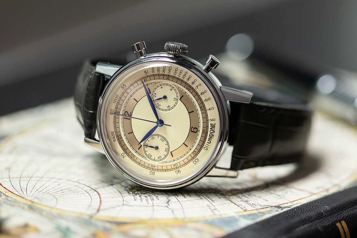 The UNDONE Vintage Chronograph for The Rake & Revolution featuring a vintage-inspired sector dial.