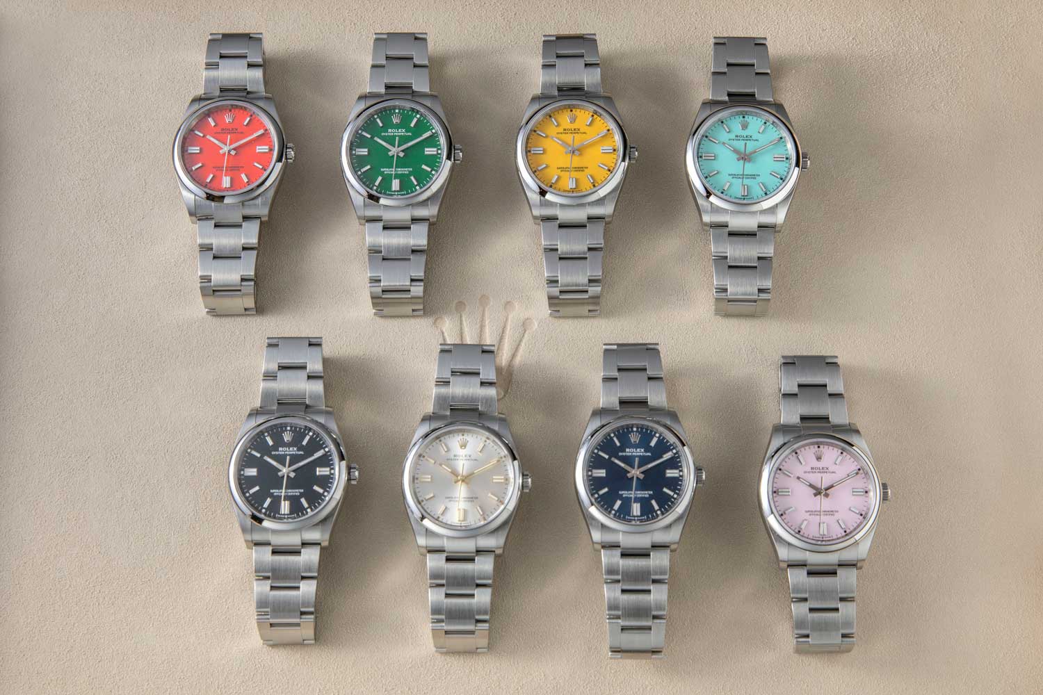 The complete array of colors available for the 2020 Rolex Oyster Perpetual; seen here is the 36mm variation (©Revolution)