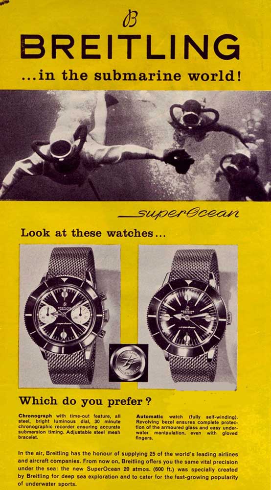 Vintage advertisements for the first Breitling SuperOcean watches (Image: BreitlingLounge)