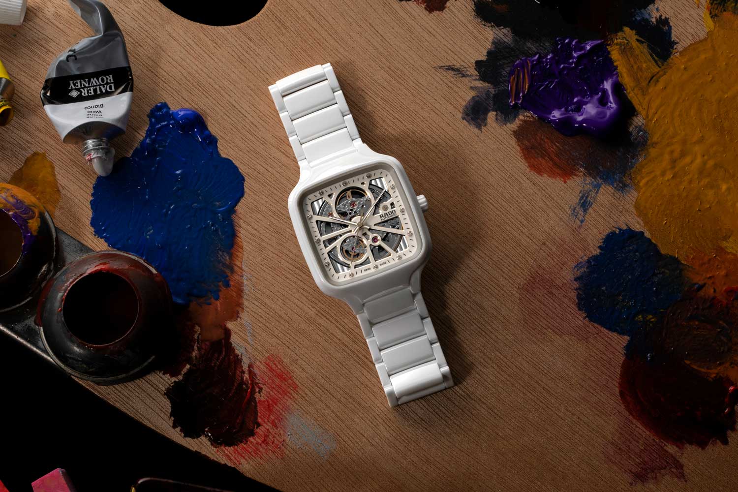 Obtaining the white color on the Rado True Square Open Heart’s in polished white ceramic requires two sintering processes, the first of which exposes the case and bracelet material to temperatures of 1450 degrees (©Revolution)