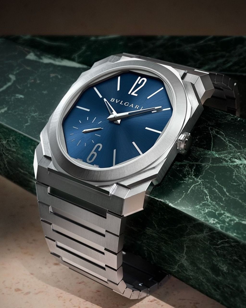 The Octo Finissimo Automatic in satin polished steel with blue dial with 100m depth rating