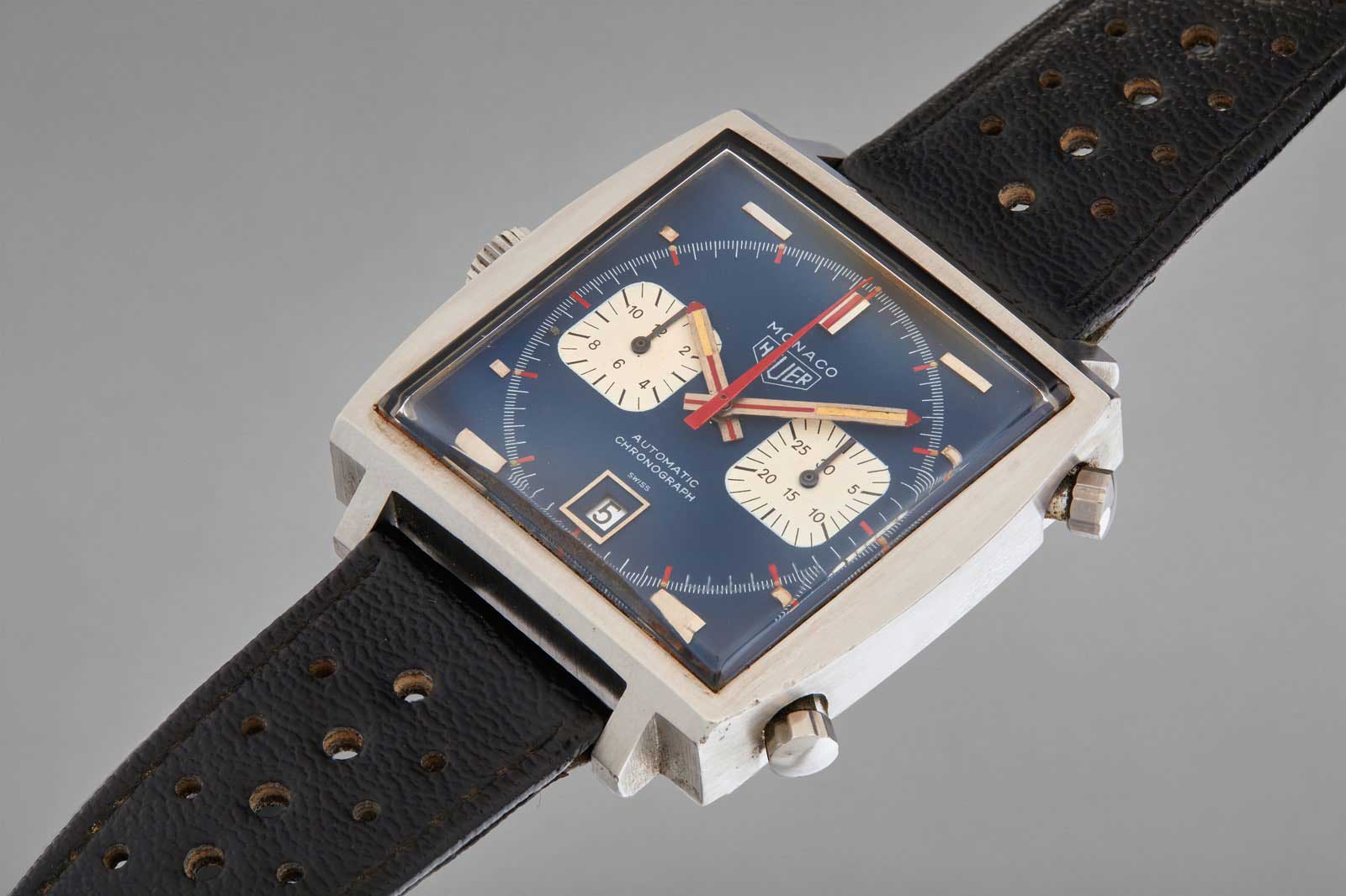 One of six Heuer Monaco watches used during the filming of Steve McQueen's 1970 film, Le mans to be auctioned by Phillips at 2020 New York sale, on 12 December (Image: phillipswatches)