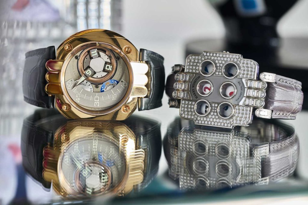 Two horological marvels from Santa Laura’s collection: the Harry Winston Opus 5 created by Felix Baumgartner and the Opus 3 created by Vianney Halter (©Revolution)