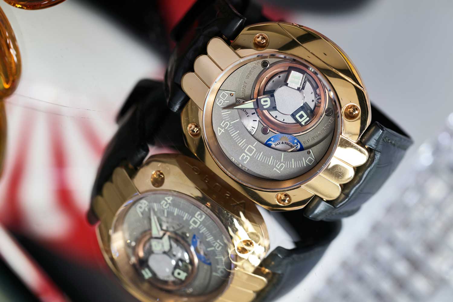 Two horological marvels from Santa Laura’s collection: the Harry Winston Opus 5 created by Felix Baumgartner and the Opus 3 created by Vianney Halter (©Revolution)