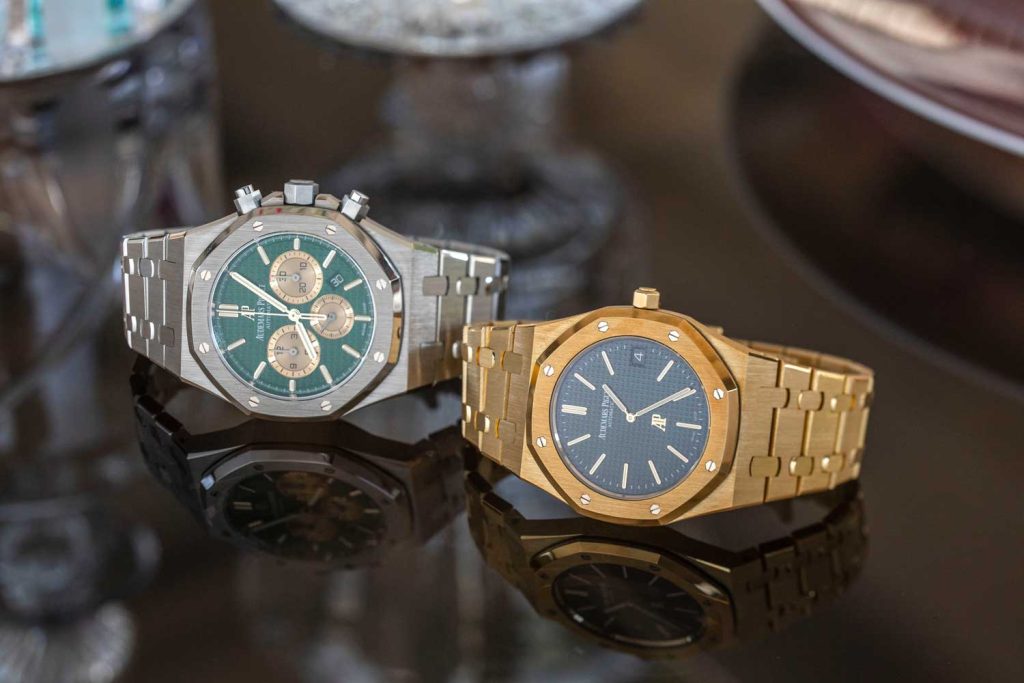 The Royal Oak Chronograph The Hour Glass Edition in platinum with a green dial and contrasting yellow-gold subdials and indexes, which was made in just 20 examples and the Audemars Piguet Royal Oak Extra-Thin The Hour Glass Limited Edition in yellow-gold with a green dial, made in a series of 50 watches (©Revolution)