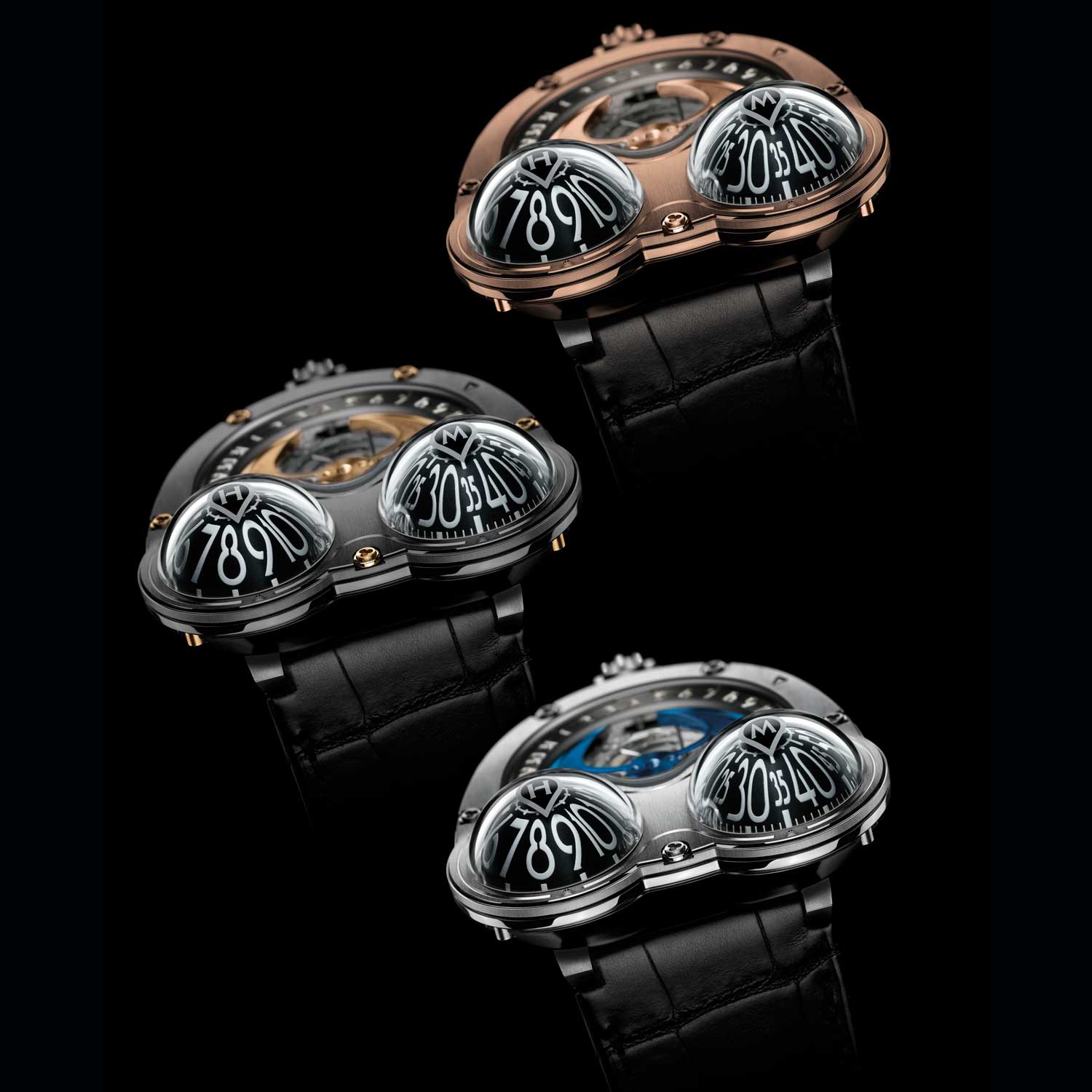 The HM3 Frog was introduced in 2010 and produced in three variations: the HM3 Frog Ti in Grade 5 titanium case and screws, the HM3 Poison Dart Frog in black PVD zirconium case, 18k yellow gold screws, limited edition of 10 pieces; the HM3 Fire Frog in 18k red gold and titanium case,18k red gold screws, limited edition of 10 pieces