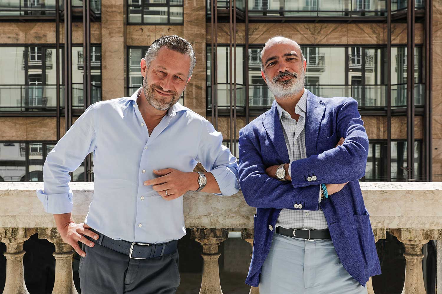 Aurel Bacs, Senior Consultant and Geneva's Head Of Sale, Alex Ghotbi of Phillips Watches sporting their special LAURENT FERRIER Micro-Rotor watches (Image: Phillips Watches)