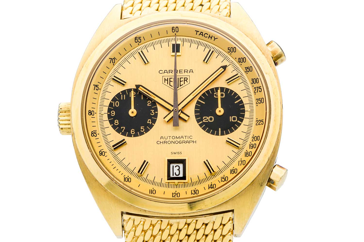Heuer Carrera 1158CHN fitted on a Gay Frères 18k yellow gold bracelet (Credit: Antiquorum)