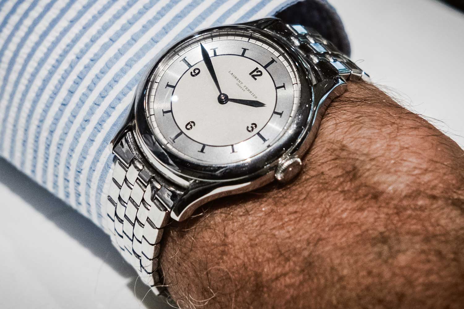 Auro Montanari’s special Laurent Ferrier Micro-Rotor watch on a vintage Gay Frères (©Revolution)