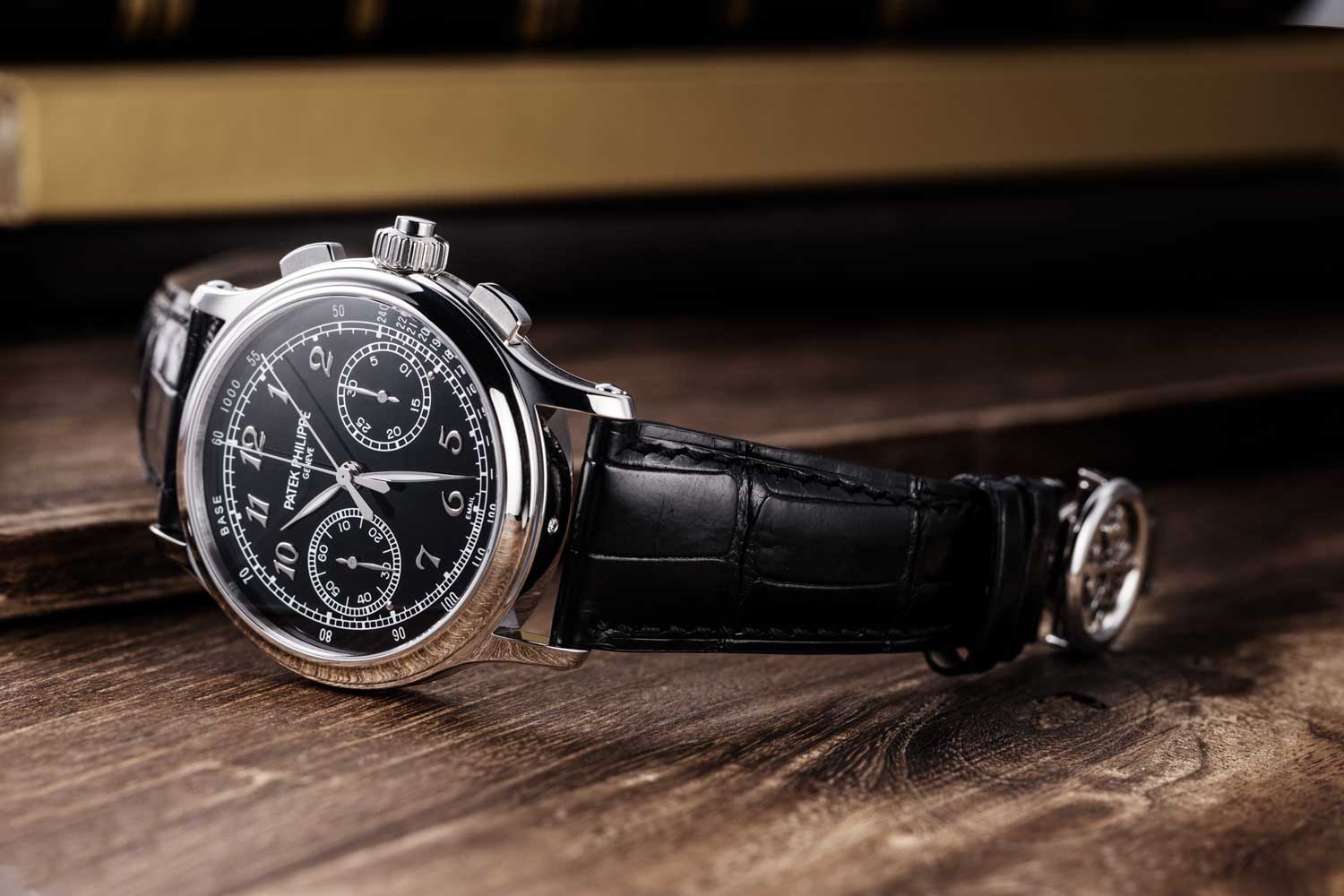 The immensely revered, Patek Philippe 5370P-001 Split-Second Chronograph with a black enamel dial and gold applied Breguet numerals; the watch was launched in 2015 (©Revolution)