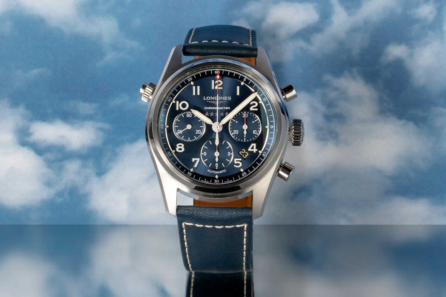 The chronograph addition to the Spirit collection is a 42mm satin and polished stainless steel timepiece; houses a COSC-certified column-wheel chronograph movement (L688.4) with silicon hairspring; a domed sapphire glass protects a sunray blue dial set with Arabic numerals and silvered sandblasted hands coated with Super-LumiNova®; The finishing touch to this exceptional watch is the blue leather strap that complements the case and dial (©Revolution)
