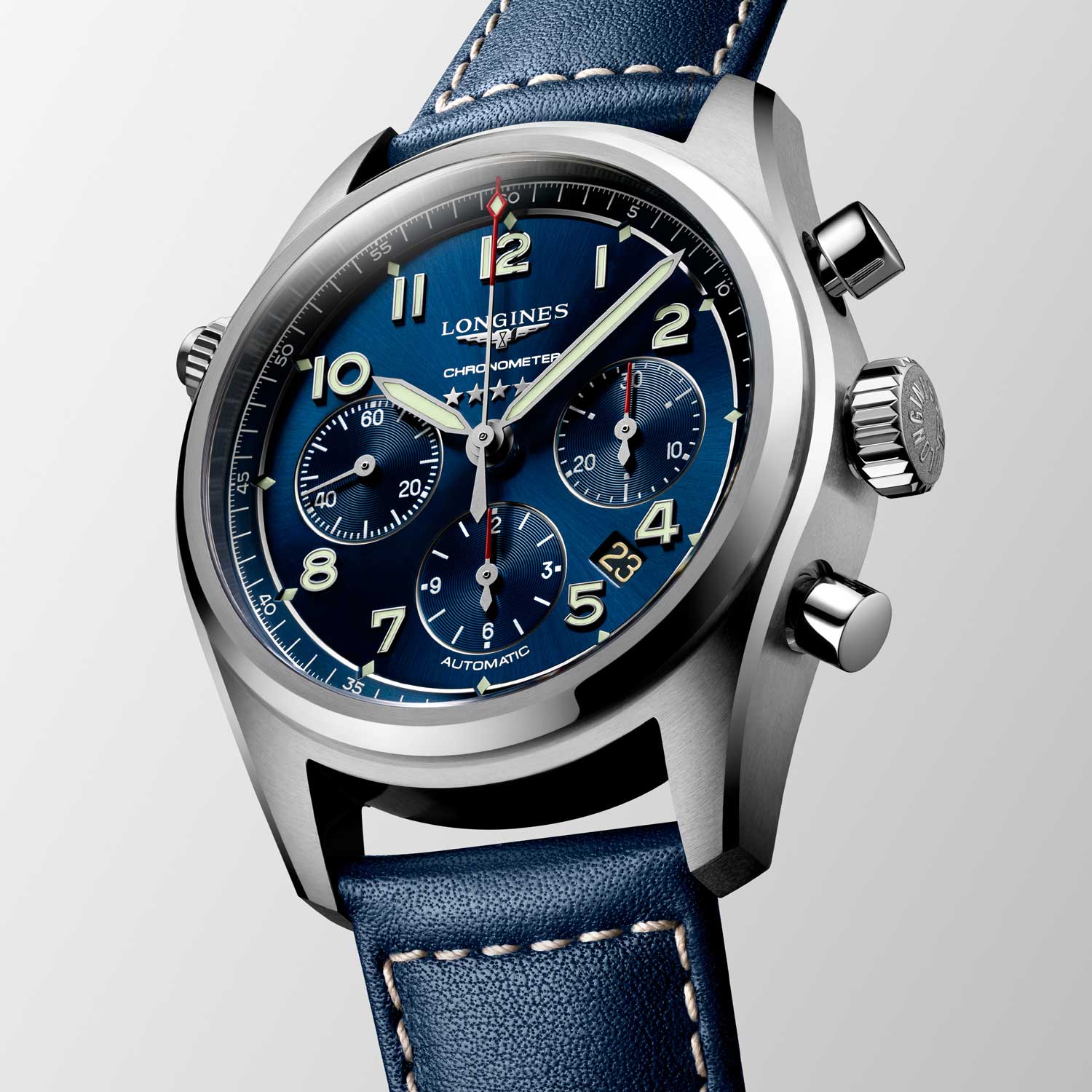 The chronograph addition to the Spirit collection is a 42mm satin and polished stainless steel timepiece; houses a COSC-certified column-wheel chronograph movement (L688.4) with silicon hairspring; a domed sapphire glass protects a sunray blue dial set with Arabic numerals and silvered sandblasted hands coated with Super-LumiNova®; the finishing touch to this exceptional watch is the blue leather strap that complements the case and dial
