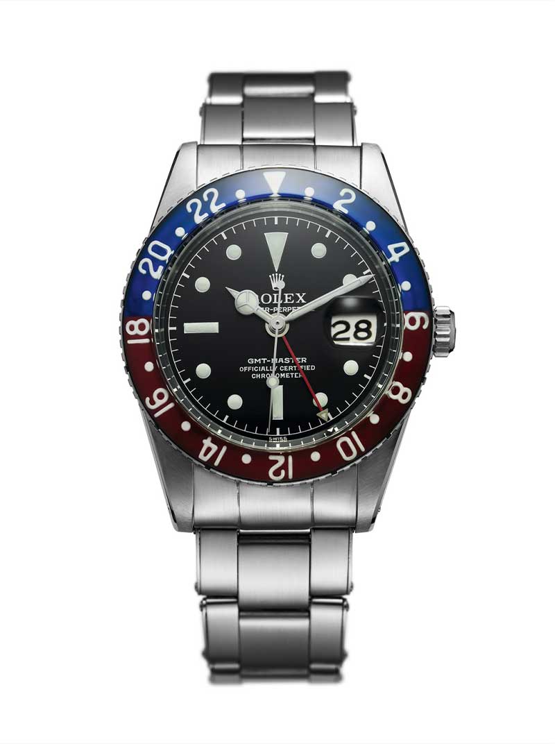 Rolex launched the GMT-Master in 1955, the reference 6542; the watch had a rotating bezel with a luminous bakelite insert and a second hour hand to help the watch track an alternate timezone