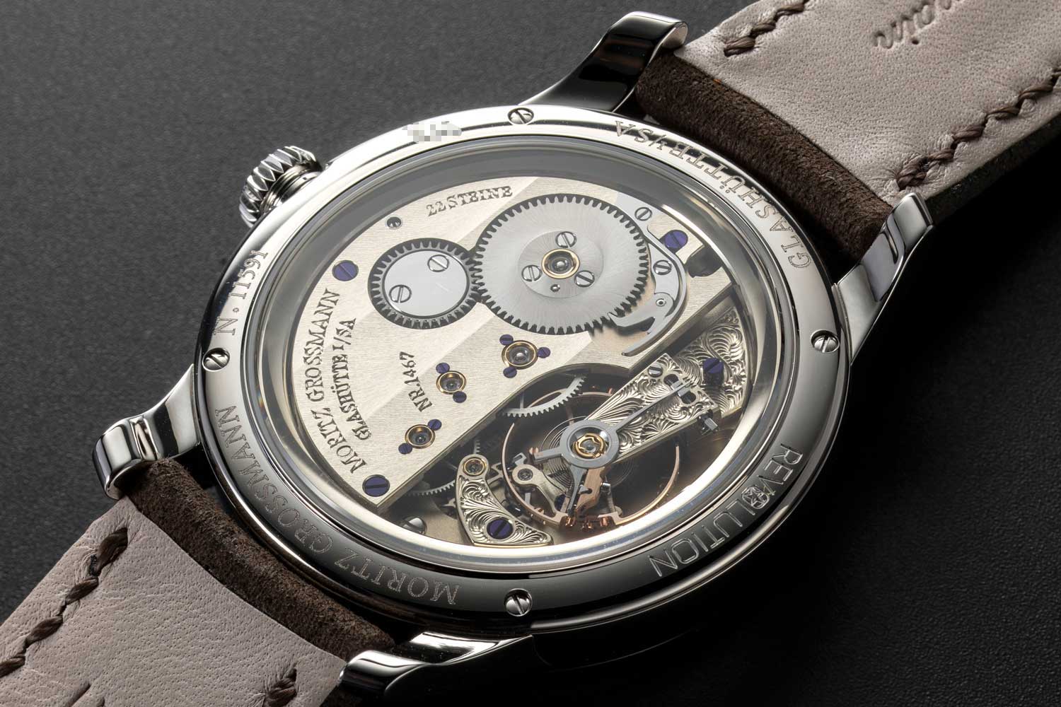 From Moritz Grossmass with love, their balance cock and escapement bridge are engraved by hand to give the watch its ultimate signature (©Revolution)