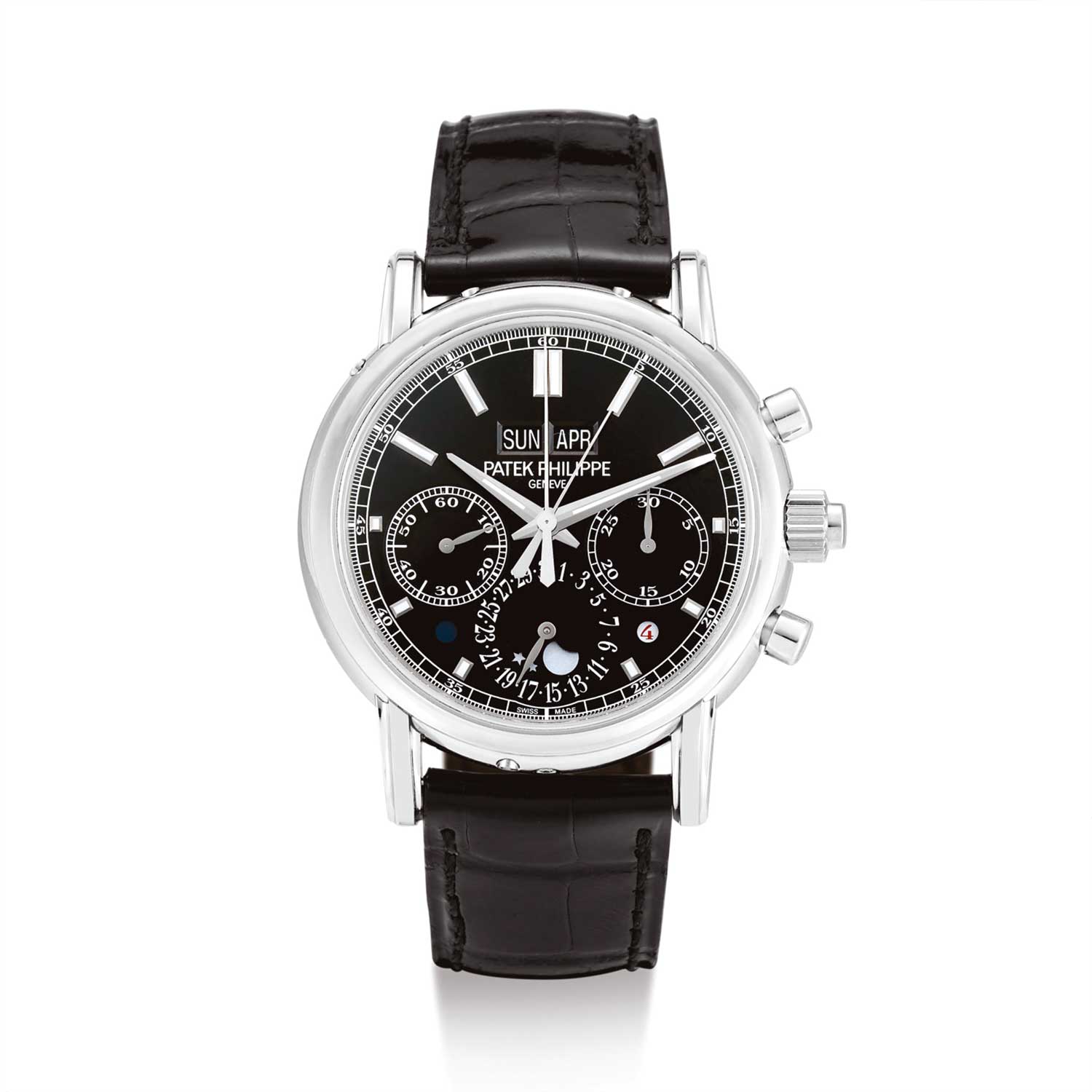 The Patek Philippe Split Second Perpetual Calendar Chronograph Ref. 5204P-011 in platinum with the black dial, launched in 2014 (Image: Sothebys.com)