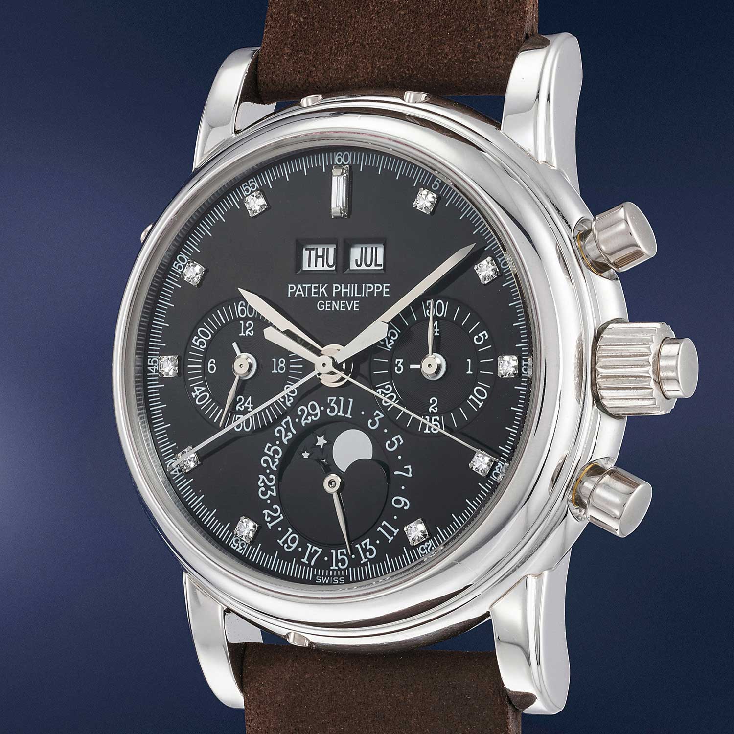 Patek Philippe ref. 5004P platinum split second chronograph wristwatch with perpetual calendar with diamond hour markers (Image: Phillips.com)