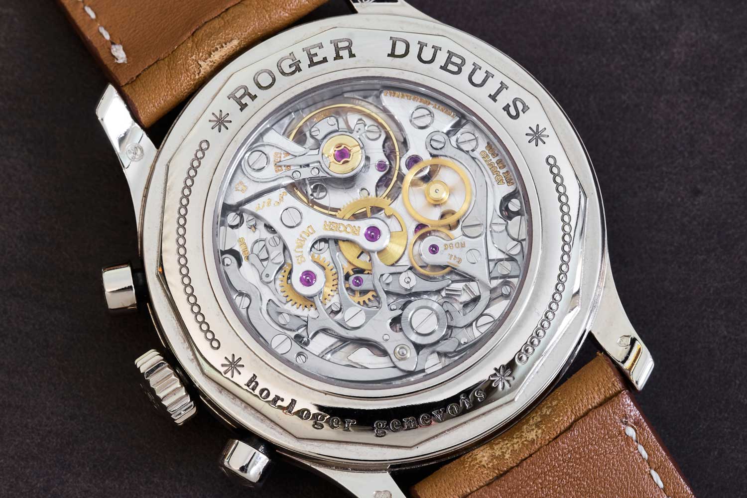 Caseback view of Wei's personal Roger Dubuis Hommage Chronograph H40 showcasing the Lemania-based manual-winding Cal. RD 56 (©Revolution)