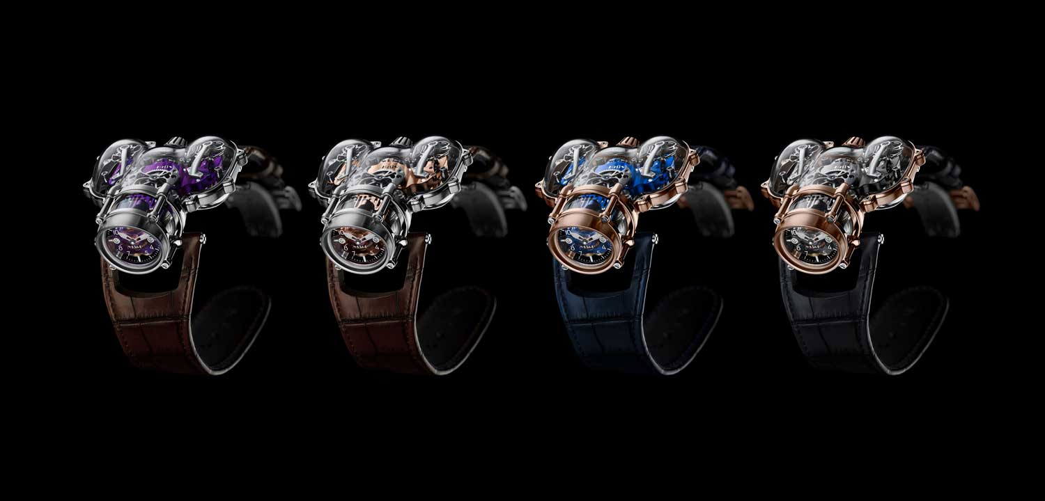 HM9 Sapphire Vision comes in four editions, each limited to only five pieces: two editions with 18K red gold frame, combined with a NAC-coated black or a PVD-coated blue engine; and two editions with 18K white gold frame, featuring a PVD-coated purple or a red gold plated engine.