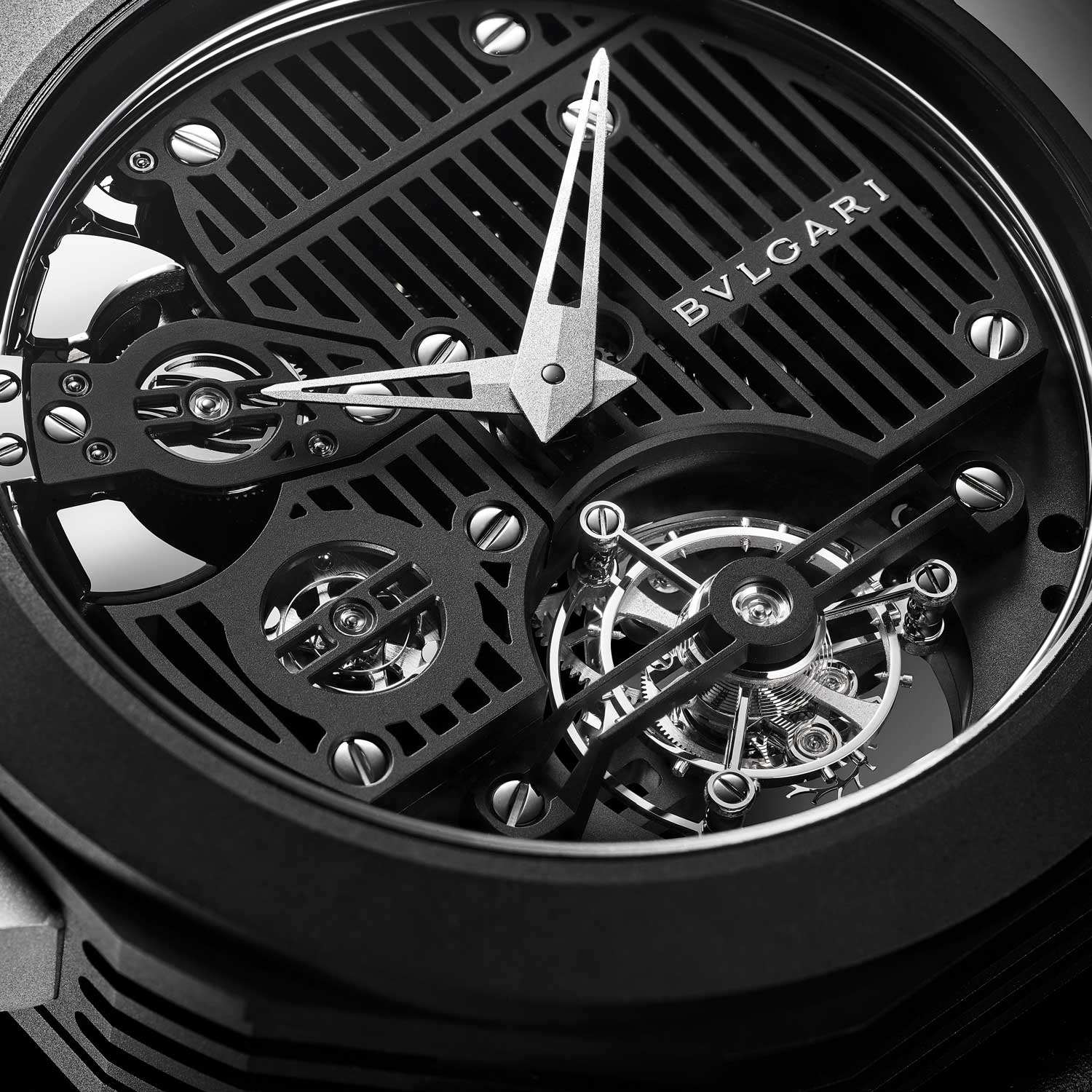 The hammers and gongs of the Octo Roma Carillon Tourbillon, visible on the dial-side along with the tourbillon regulating organ