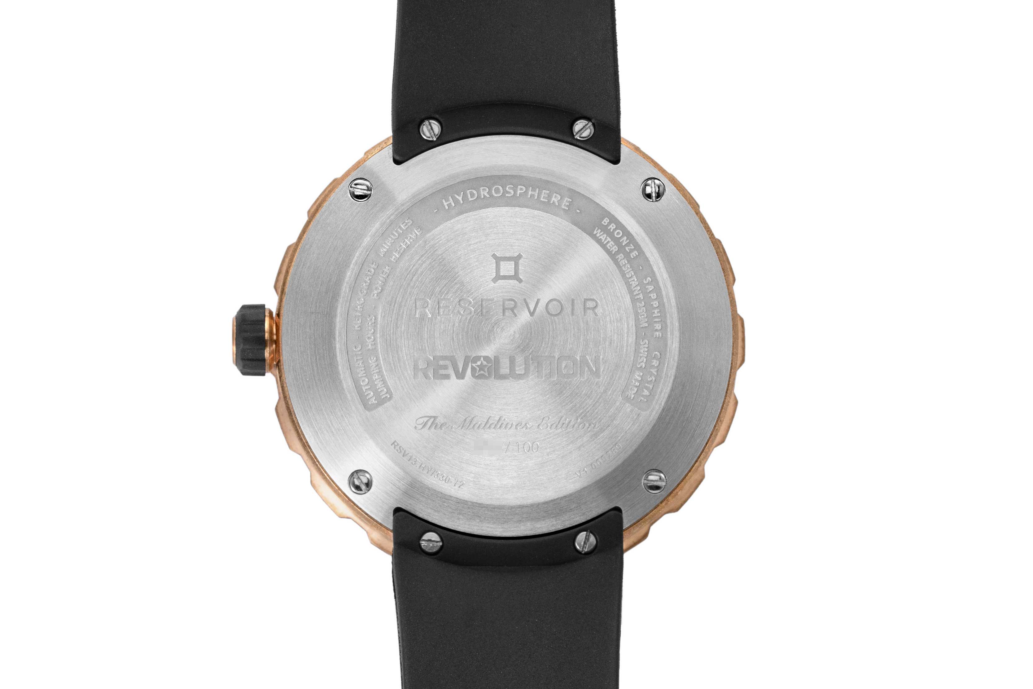 Each Reservoir Hydrosphere Bronze x Revolution “The Maldives Edition” is numbered and engraved on the caseback (©Revolution)