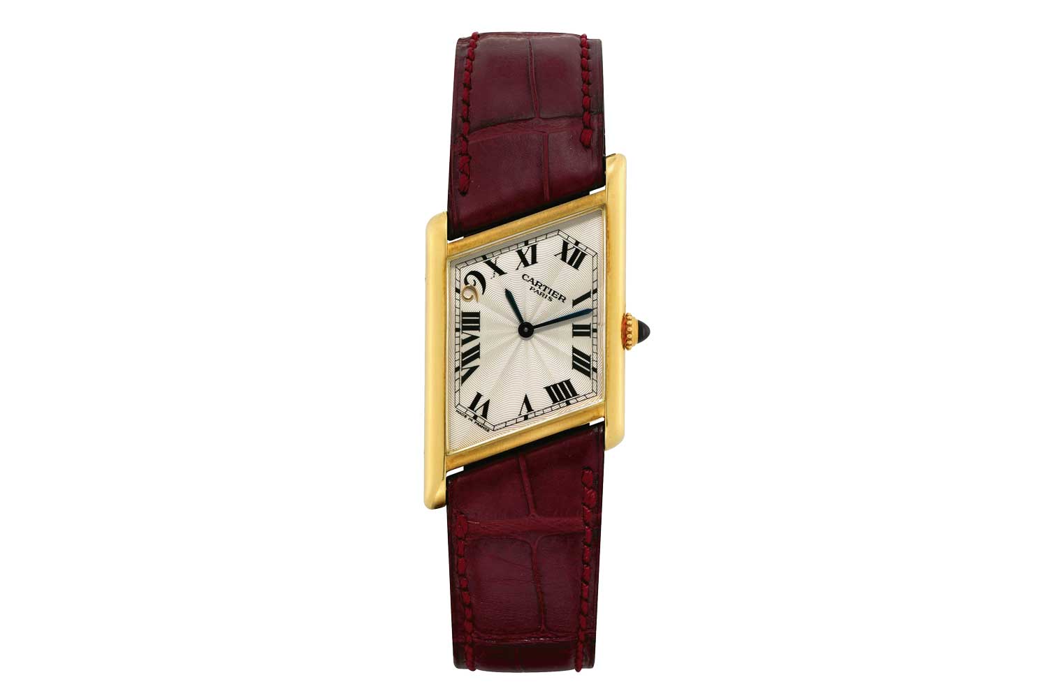 In 1999, Cartier created two sets of watches produced in left-handed and right-handed versions, each in a 99-piece limited run to commemorate the Macau Handover; the watch, in a smaller size (23mm by 32mm), had a Roman-numeral dial but with an applied 18K gold “9” above the Arabic-numeral “9” to form “99”; pictured here is the version of the watch with the crown on the right