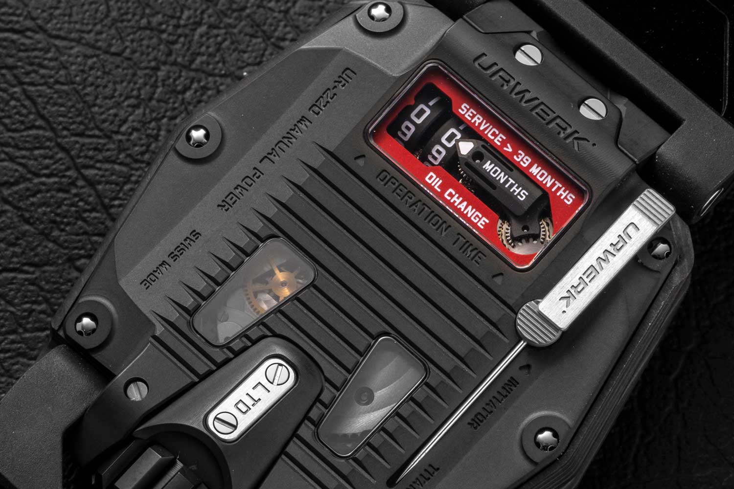 URWERK's famous oil-change indicator, which counts down to 39 months as you wear the watch, letting you know to bring it in for its scheduled service (©Revolution)