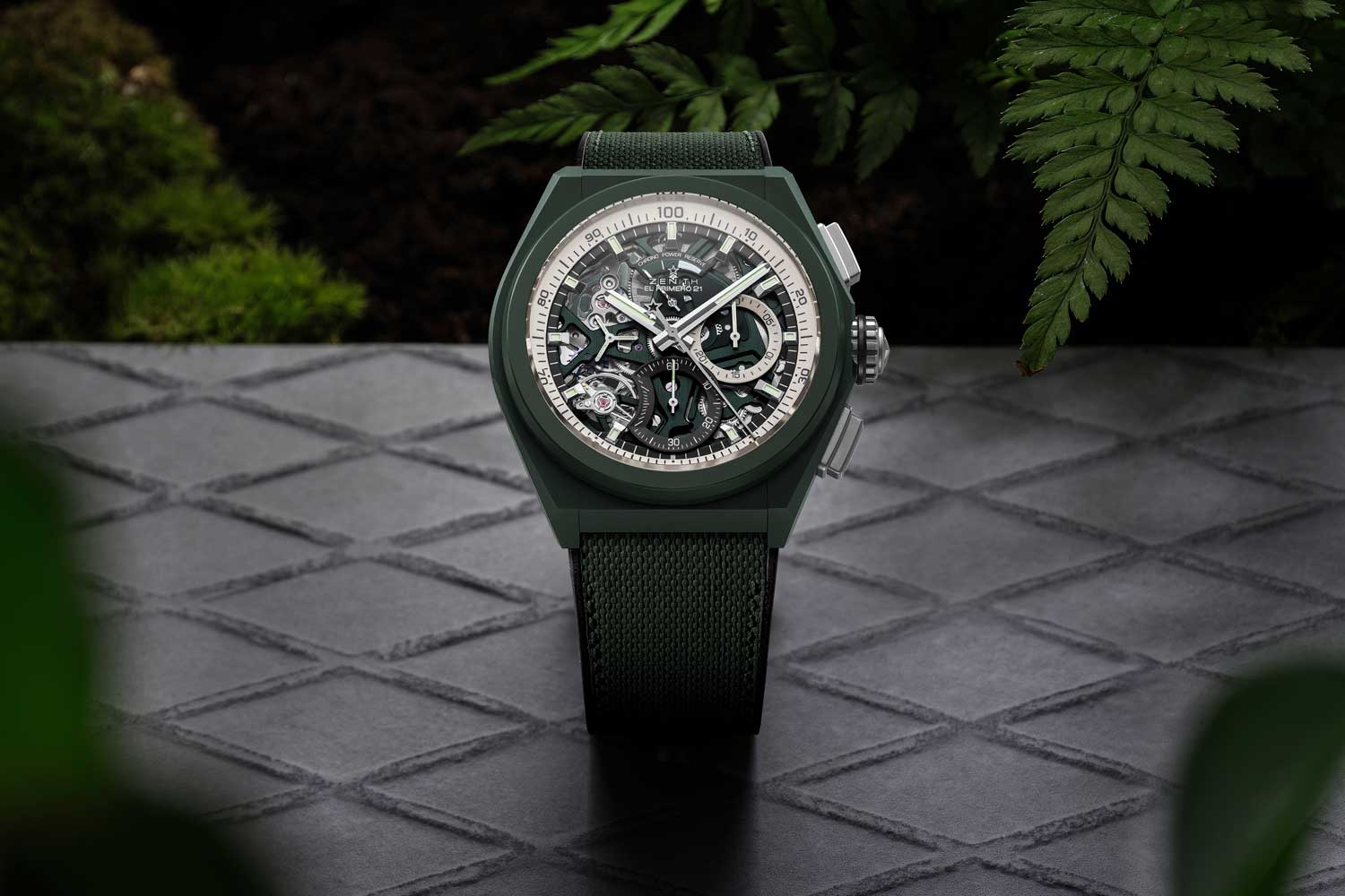 The Zenith DEFY 21 Urban Jungle with its 44mm khaki green ceramic case, powered by the self-winding El Primero 9004 automatic movement