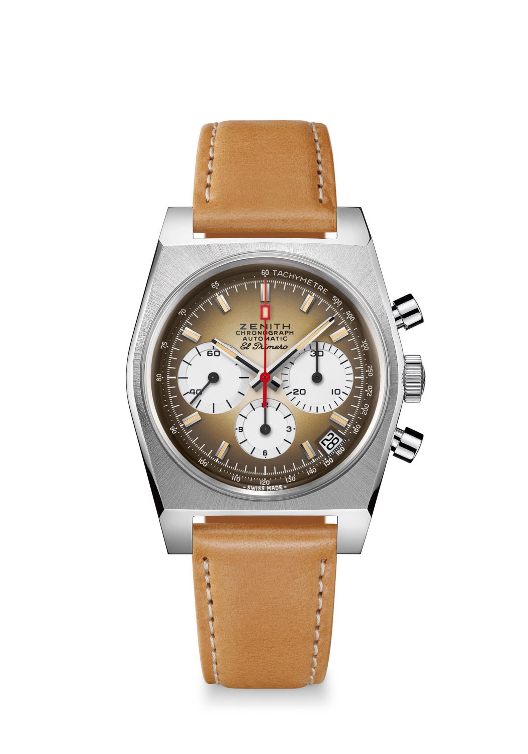 Zenith Chronomaster Revival A385 on a light brown calf leather strap with protective rubber lining and a stainless steel pin buckle