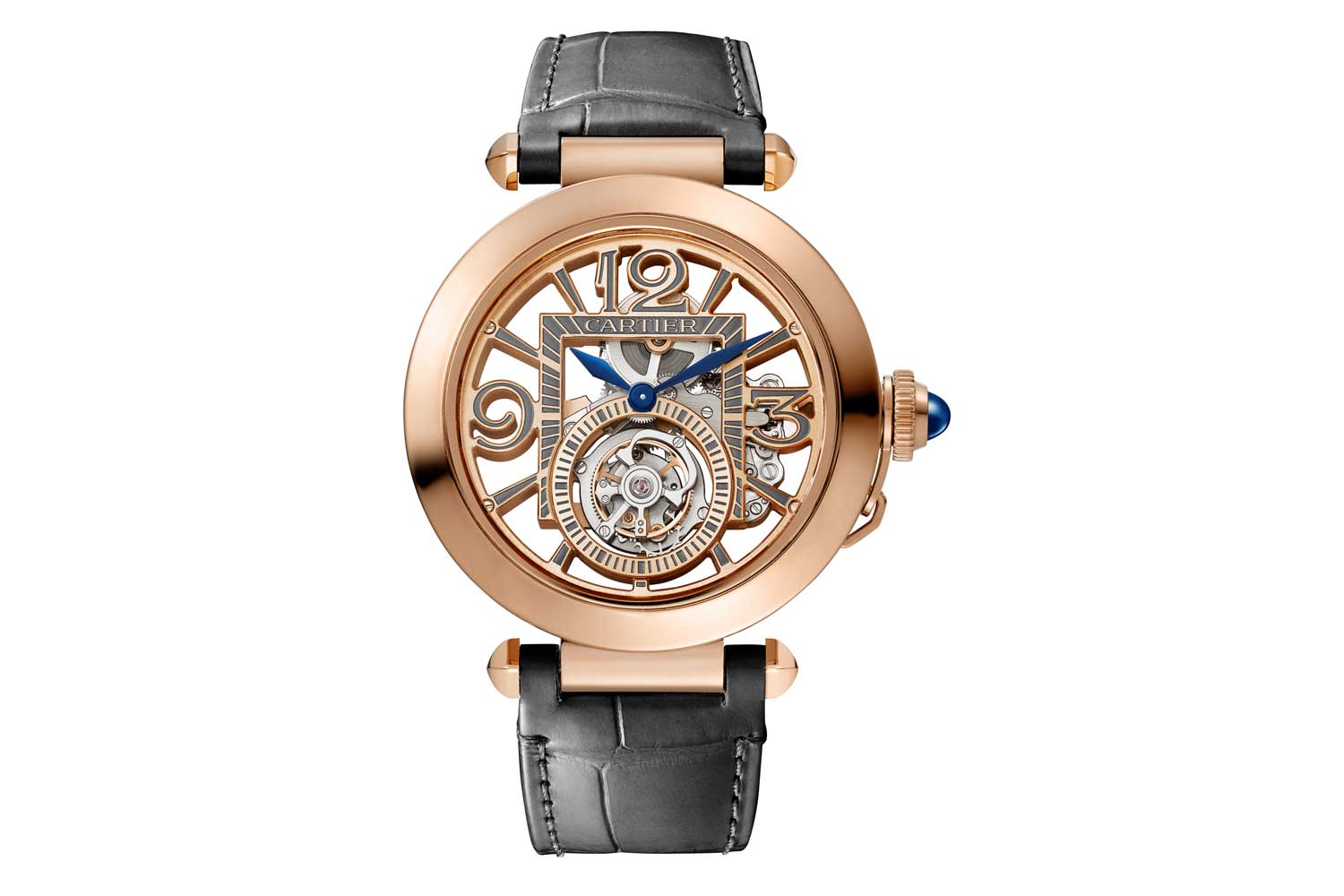 Pasha de Cartier watch, 41 mm, tourbillon; hours and minutes with skeletonised bridges forming Arabic numerals; mechanical movement with manual winding, calibre 9466 MC. 18K rose gold case, fluted crown set with a sapphire, blued-steel diamond-shaped hands, 2 alligator-skin straps, 1 black and 1 dark grey with "QuickSwitch" interchangeability system, interchangeable 18K rose gold folding buckle