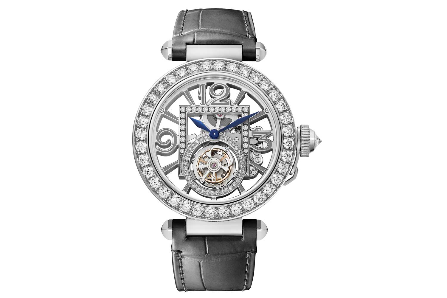 Pasha de Cartier watch, 41 mm, tourbillon; hours and minutes with skeletonised bridges forming Arabic numerals; mechanical movement with manual winding, calibre 9466 MC. 18K white gold case set with diamonds, crown set with brilliant cut diamond , blued-steel diamond-shaped hands, 2 alligator-skin straps, 1 black and 1 dark grey with "QuickSwitch" interchangeability system, interchangeable 18K rose gold folding buckle