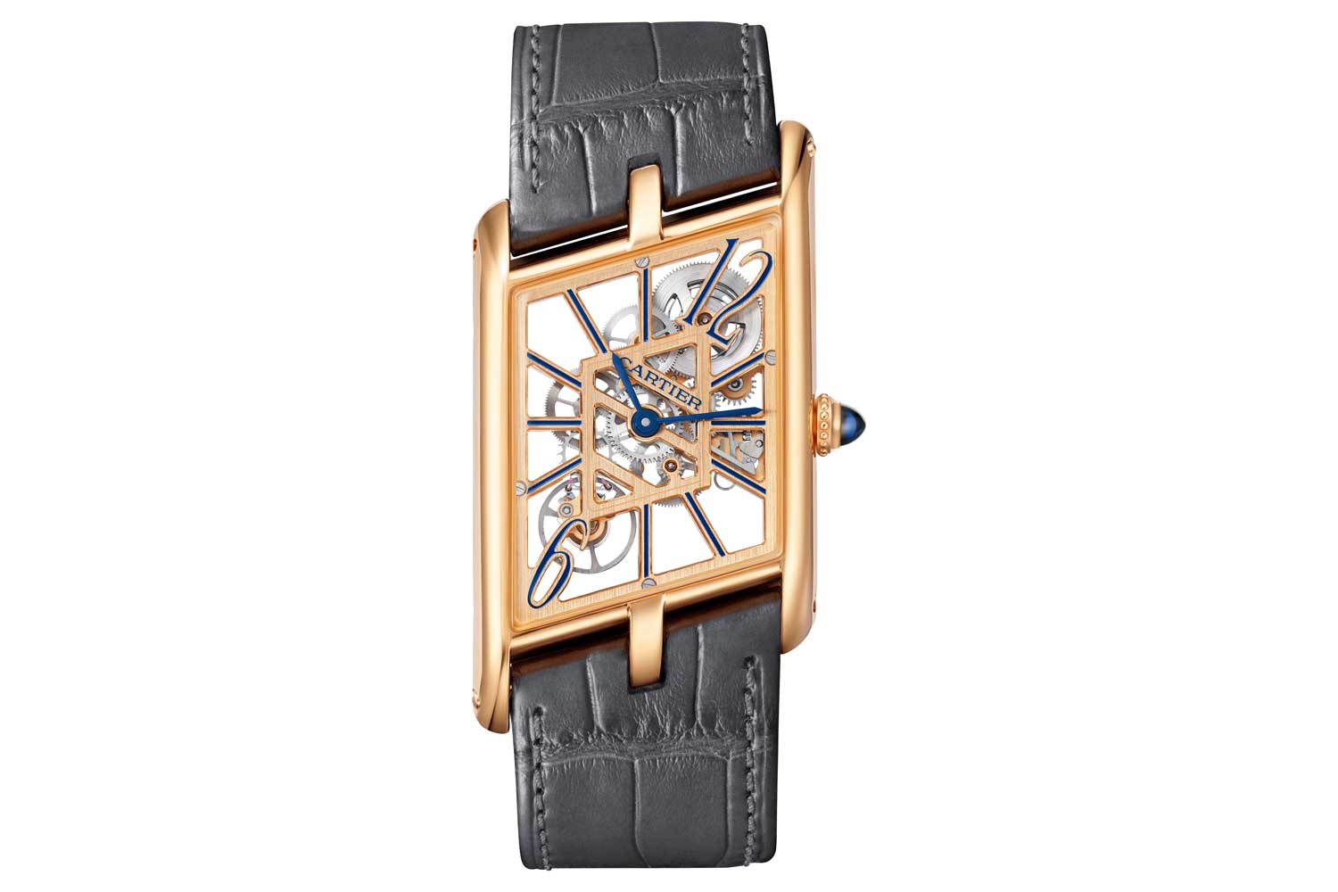 The 2020 Tank Asymétrique Skeleton, in pink gold (47.15 x 26.2 mm), limited to 100 pieces