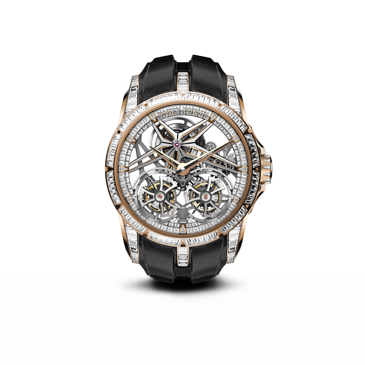 The 2021 Excalibur Double Flying Tourbillon starts off with the ref. RDDBEX0822 in a 45mm pink gold case with its bezel and crown set with baguette diamonds (Limited edition of 8 pieces)