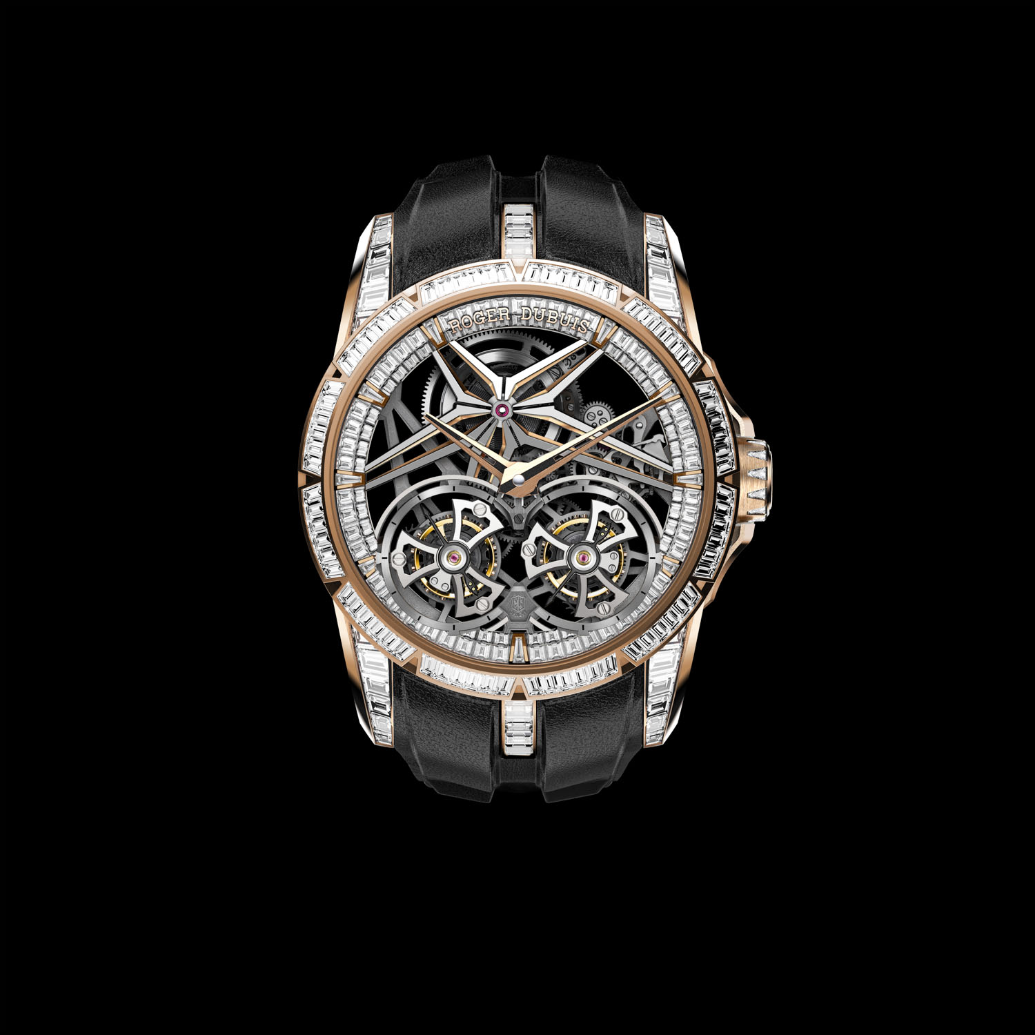 The 2021 Excalibur Double Flying Tourbillon starts off with the ref. RDDBEX0822 in a 45mm pink gold case with its bezel and crown set with baguette diamonds (Limited edition of 8 pieces)