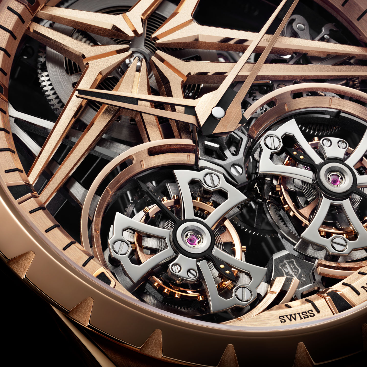 The end result of using titanium and cobalt to form the parts of the cage of the two tourbillons leads to lighter regulating organs and also heightened anti-magnetic properties