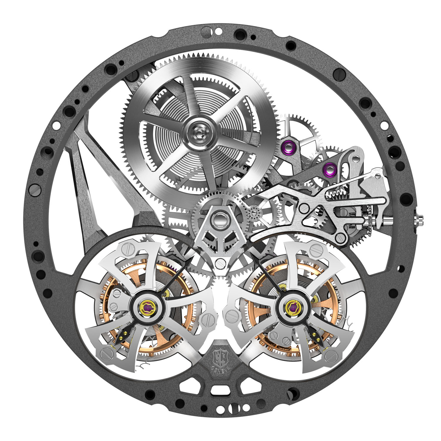 All The 2021 Excalibur Double Flying Tourbillon references are run by the RD108SQ Calibre, which features a lower cage made of titanium (twice as light as stainless steel) and an upper one in mirror-polished cobalt chrome