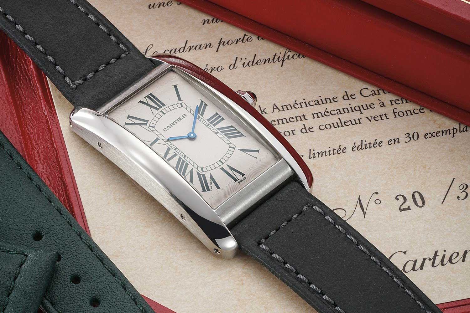 Phillips recently unveiled a very special Tank Américaine in platinum, one of thirty made for the Italian market and featuring dark green numerals on the dial and a matching dark green crocodile strap.