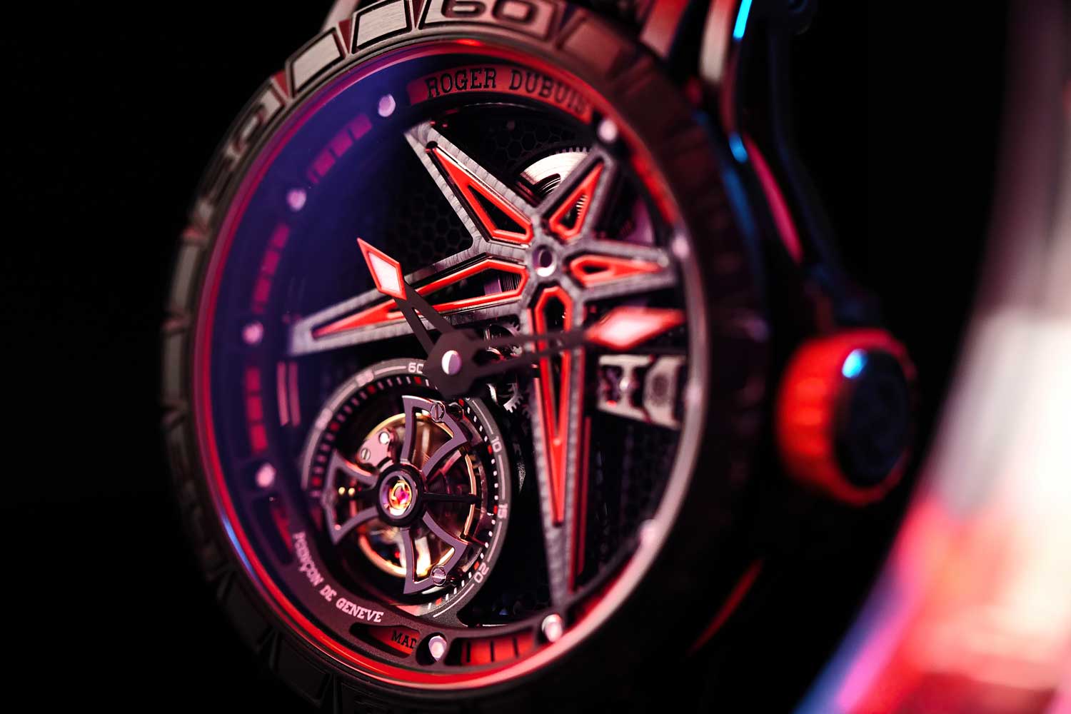The skeleton dial stands out with its automotive-inspired honeycomb texture, red flange