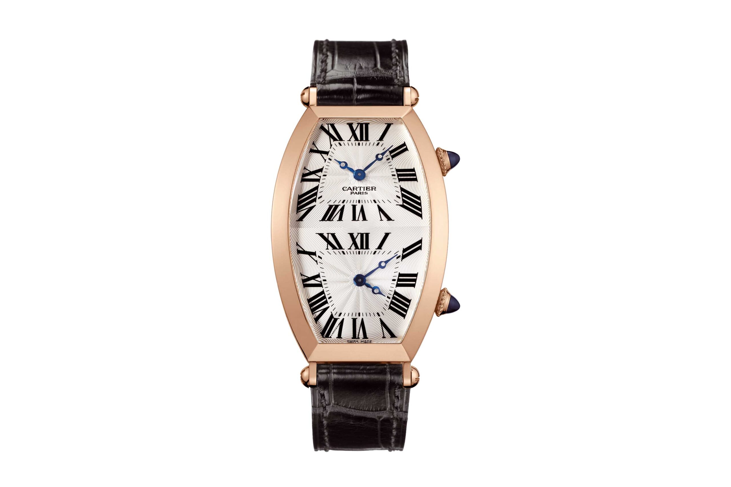A 2005 example of a Collection Privée Cartier Paris (CPCP): Tonneau Dual Time Zone watch; 15.33mm by 2.9mm, powered by the 9770 MC movment, which features two tiny mechanical movements that can be independently set by the individual corresponding crowns