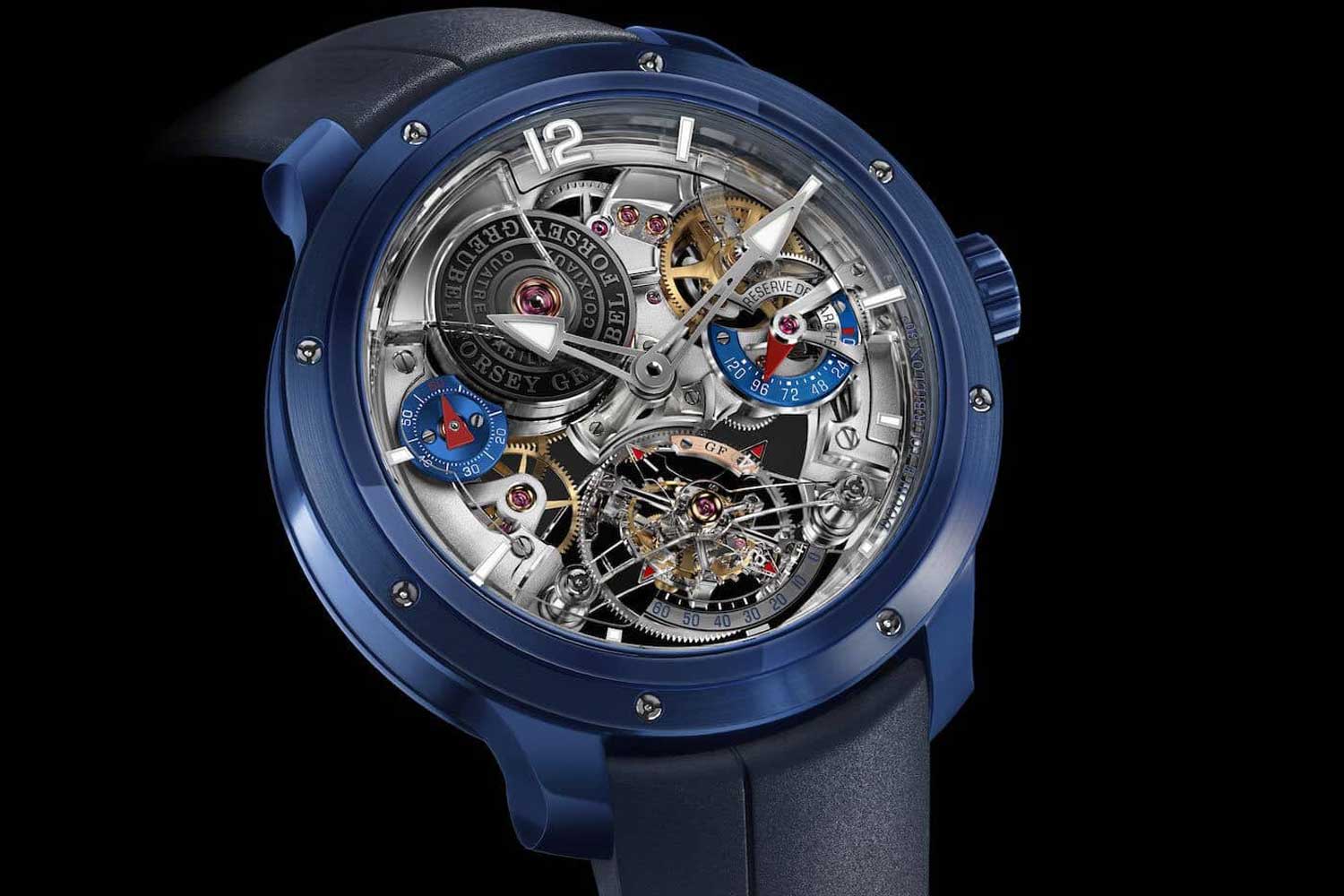 The GMT Quadruple Tourbillon is based on Greubel Forsey’s First Invention, the Double Tourbillon 30. Seen here is the Double Tourbillon 30 Technique Ceramic introduced in 2019.