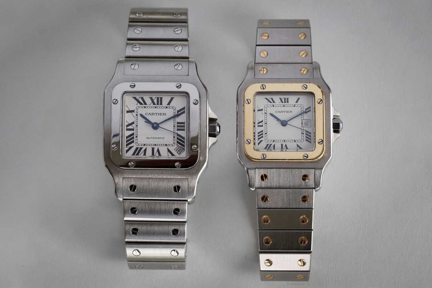 The Cartier Santos Galbée on the left and the 1978 two-tone Santos on the right (© George Cramer)