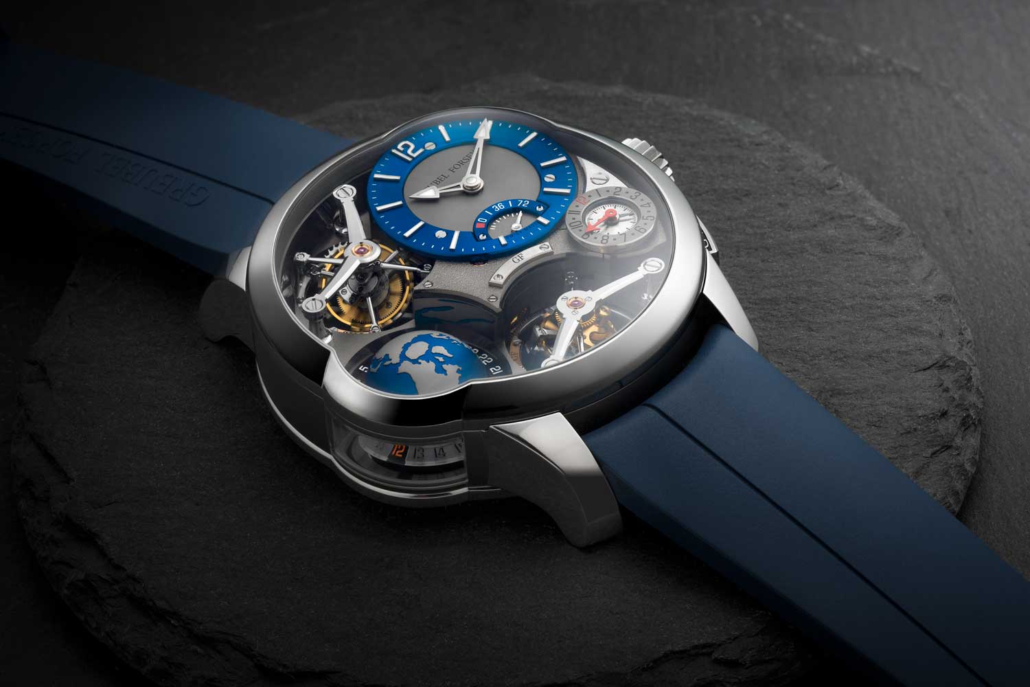 The GMT Quadruple Tourbillon is offered on a blue rubber strap that adds to its versatility and sporty appeal.