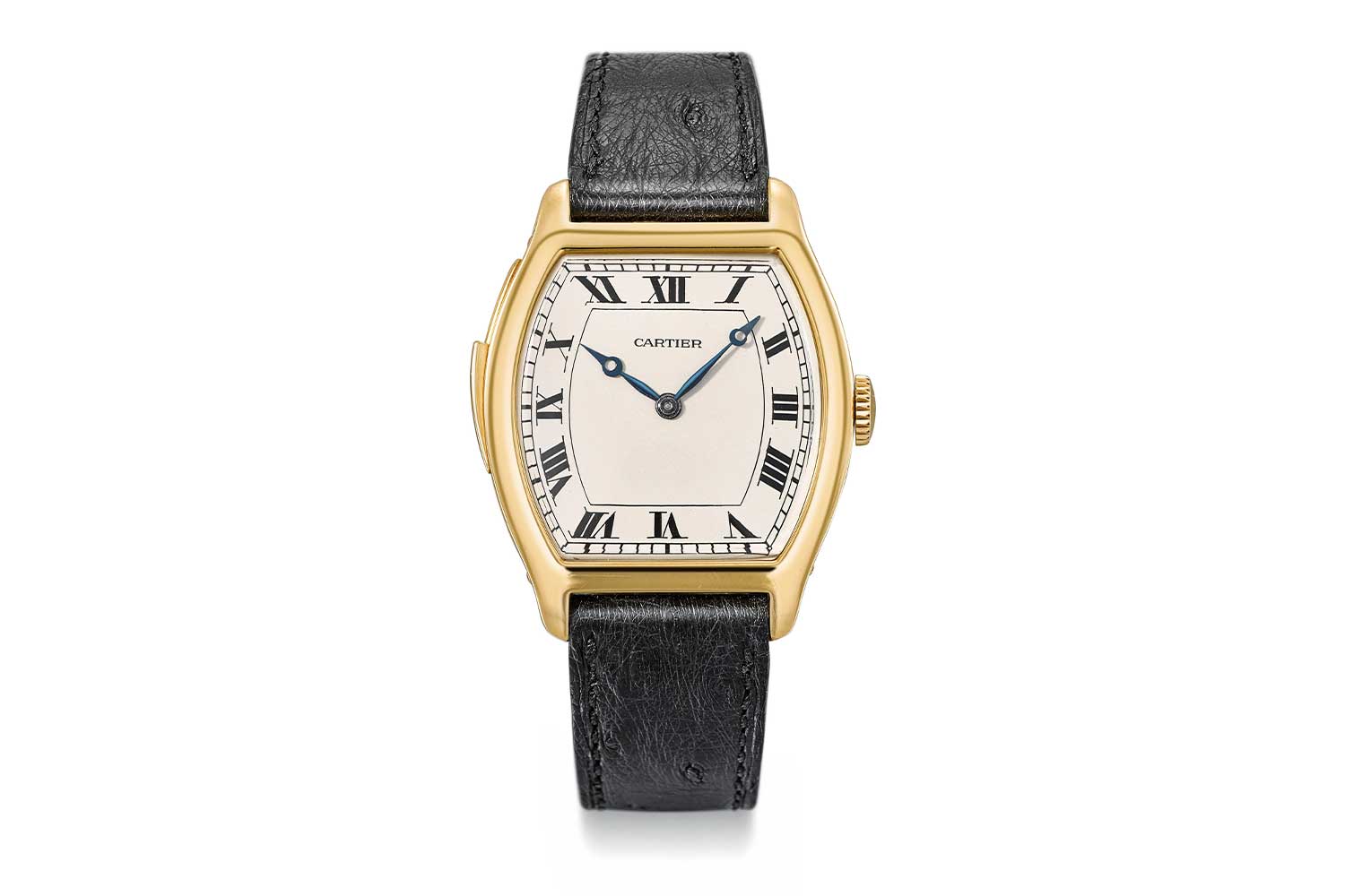 The same Cartier 18K gold tonneau-shaped minute repeating wristwatch, circa 1929, that was auctioned off with Antiquorum in 2002, resurfaced with Christie's in May of 2018 and sold for CHF 312,500; we're able to determine that the two instances of the sale refer to the same watch as the watch and movement numbers can be matched, digit for NO. 22’302, MOVEMENT NO. 40'736 (Image: Christies.com)